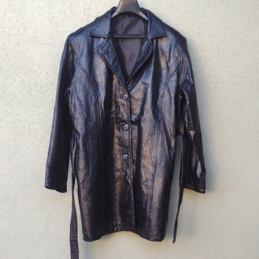 Black Patchwork Leather Button-Up Jacket L - image 1